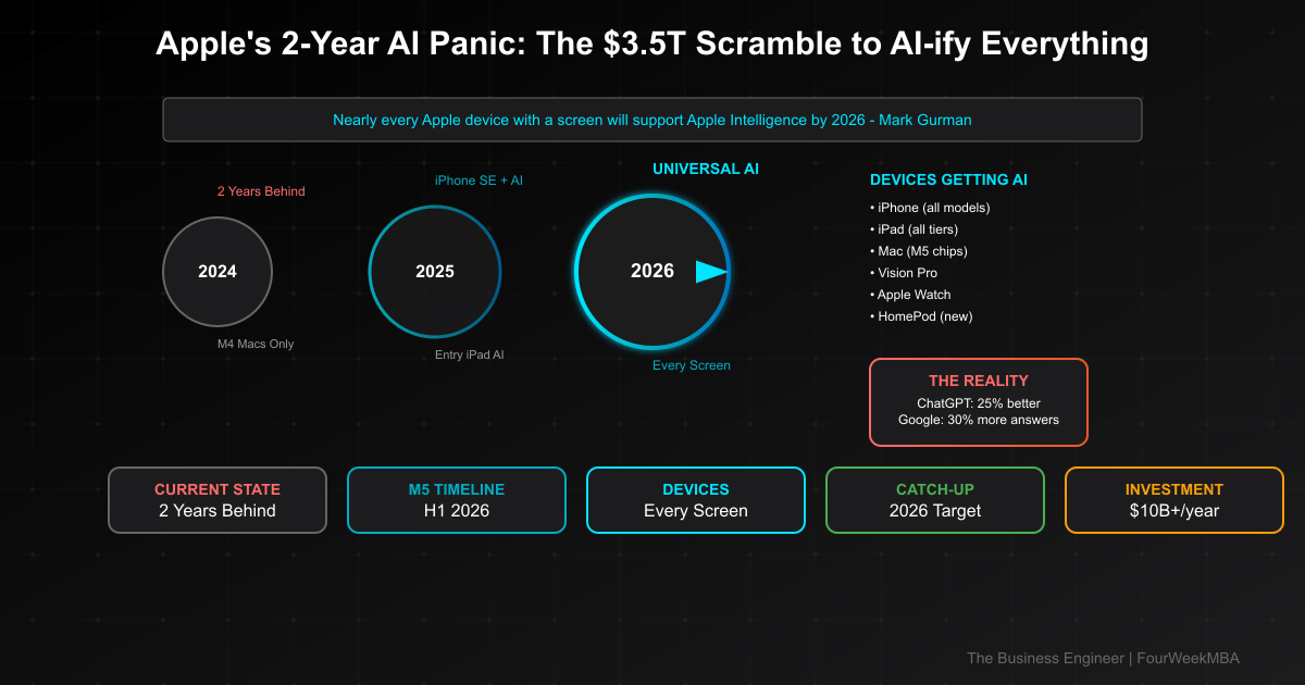 Strategic analysis of Apple AI strategy showing 2-year lag behind competitors and plan to bring Apple Intelligence to every device by 2026