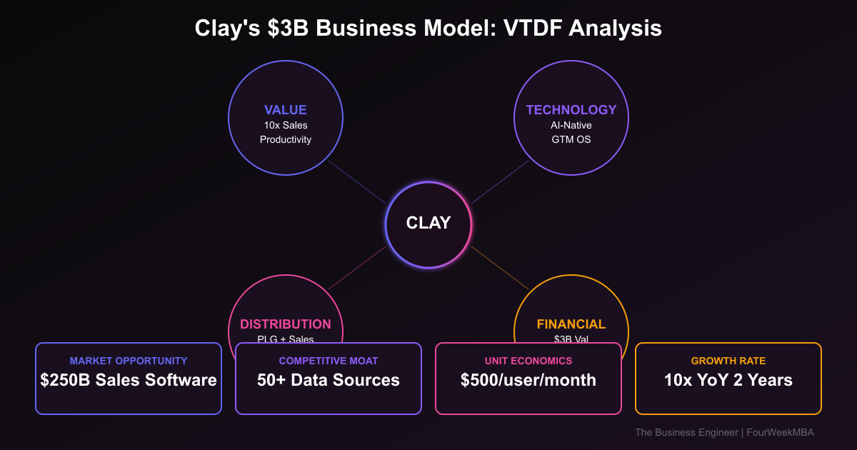 Clay VTDF analysis showing Value (10x sales productivity), Technology (AI-native GTM OS), Distribution (PLG + Sales, 100K users), Financial ($3B valuation, 10x growth)