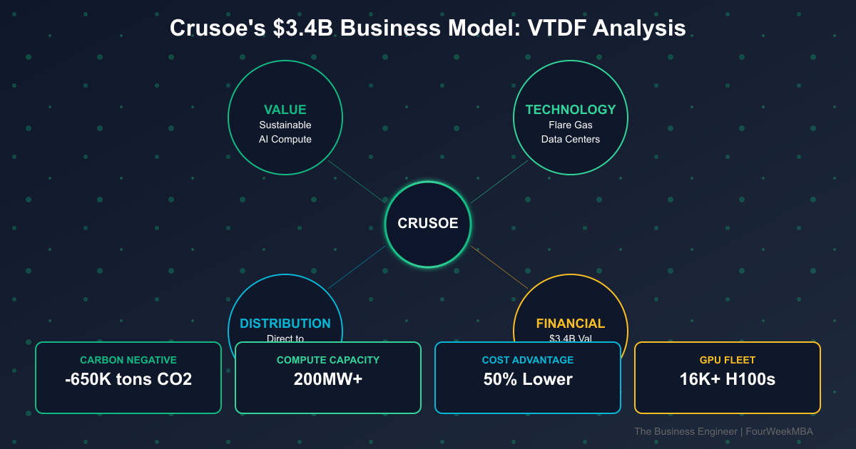 Crusoe VTDF analysis showing Value (Sustainable AI Compute), Technology (Flare Gas Data Centers), Distribution (Direct to AI), Financial ($3.4B valuation, $1.2B raised)