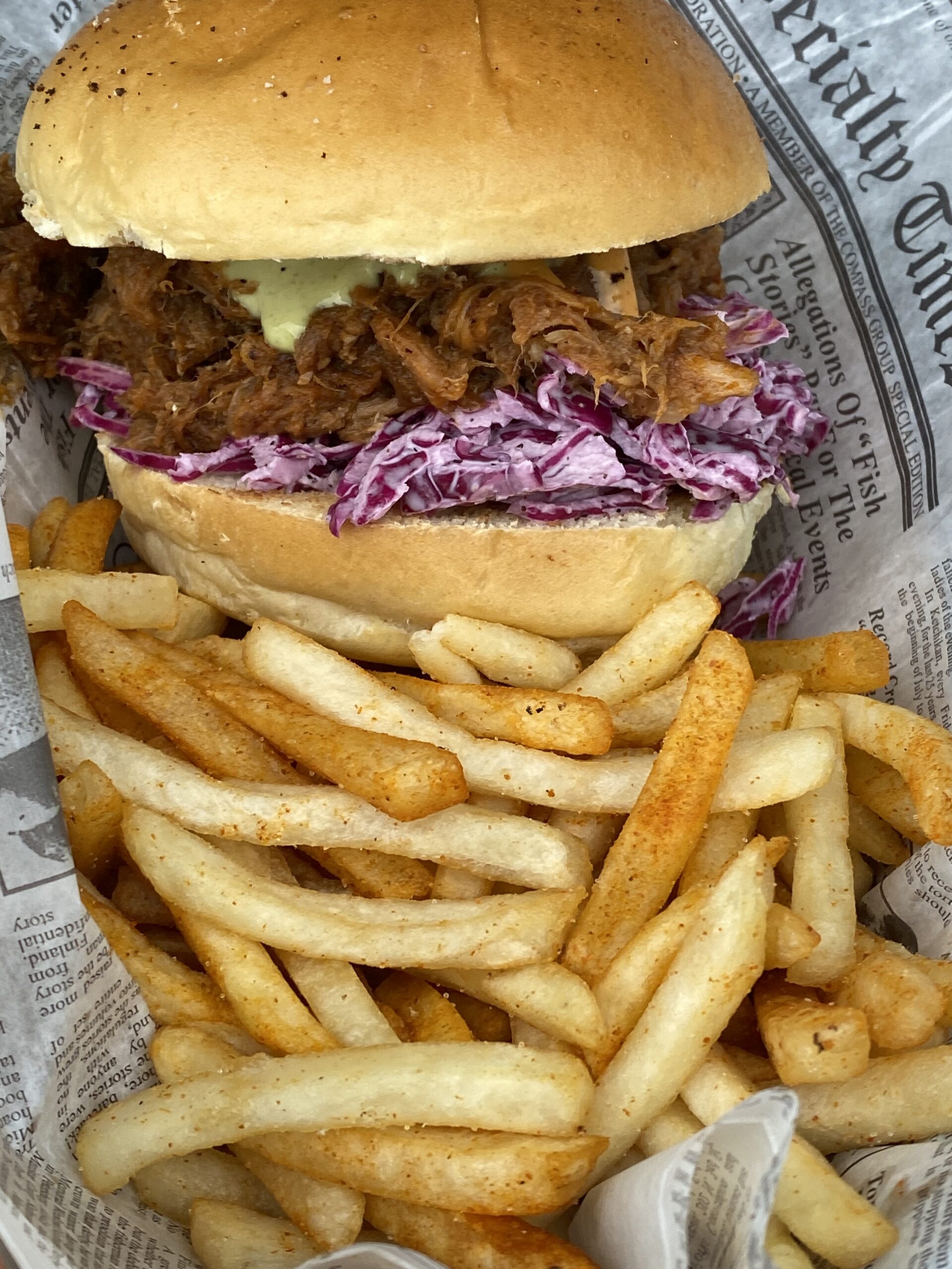 pulled pork sandwich with fries