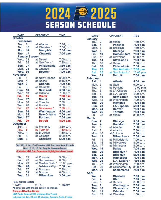 Pacers Release 2024 25 Schedule See When They Play Pacers Schedule 