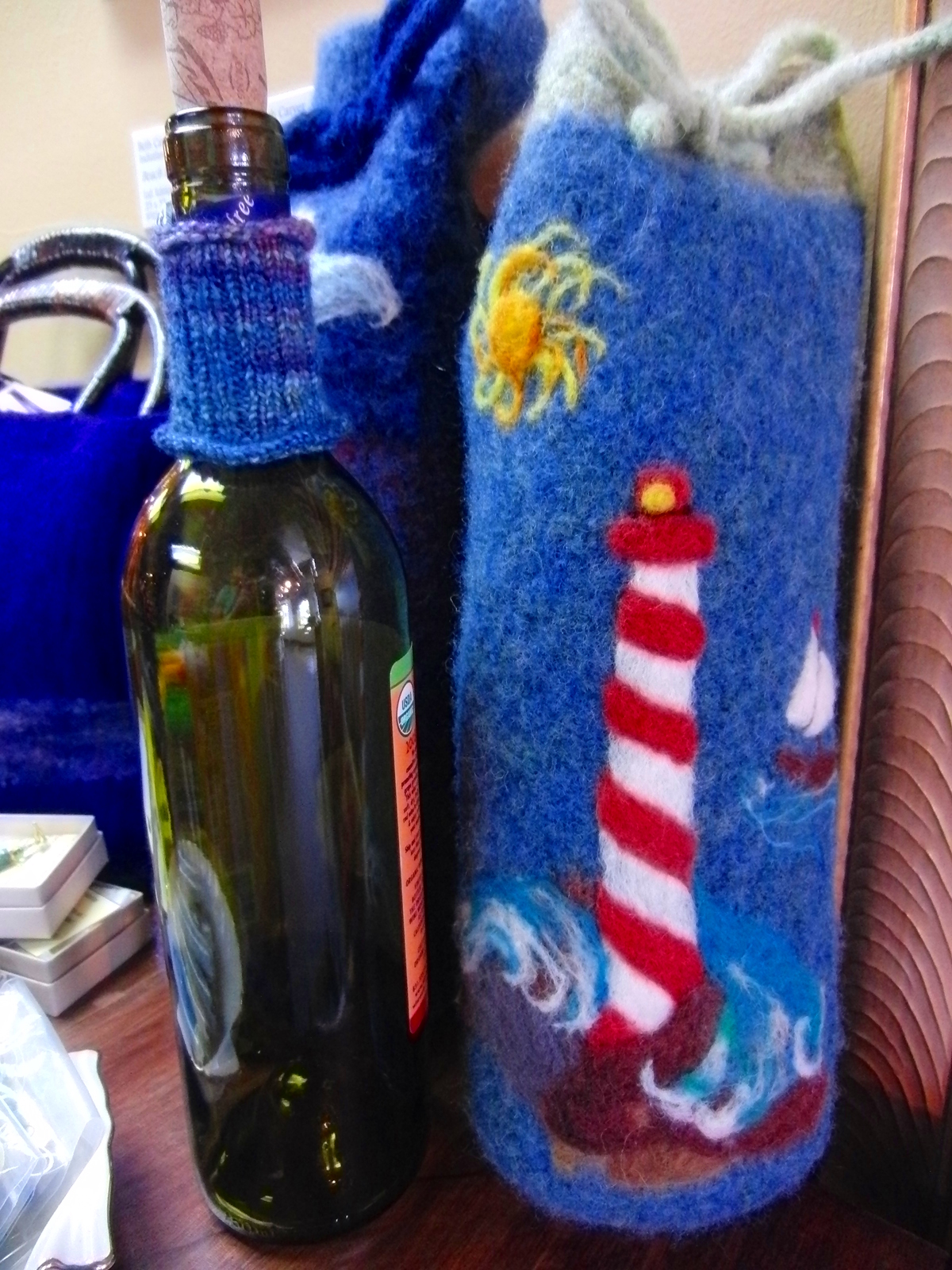 Felted Wine Sac handmade by Ewe 2 Twisted Sisters, two best friends who live in Ocean County.