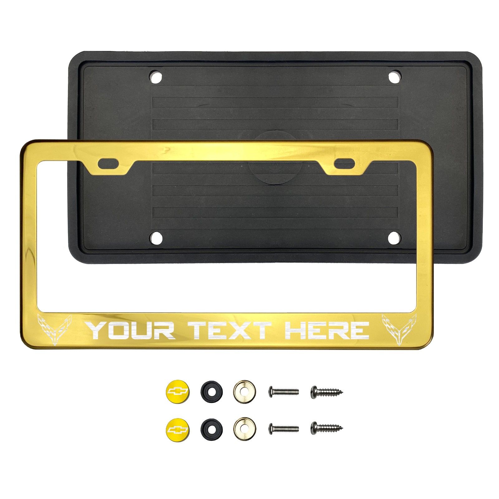 Custom Laser Etched Gold Stainless Steel License Plate Frame Silicone Back Guard - Picture 16 of 49