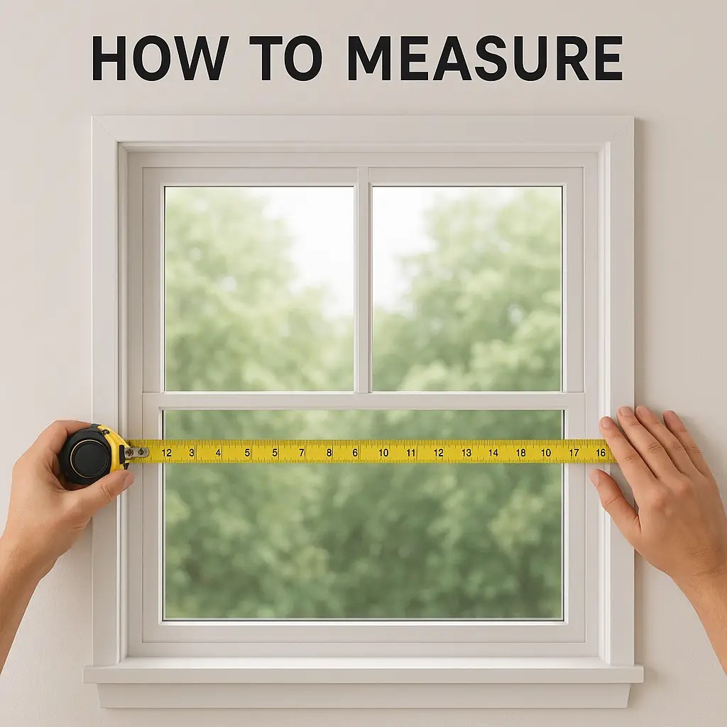 Person measuring a window width with a yellow tape measure for a how-to guide.