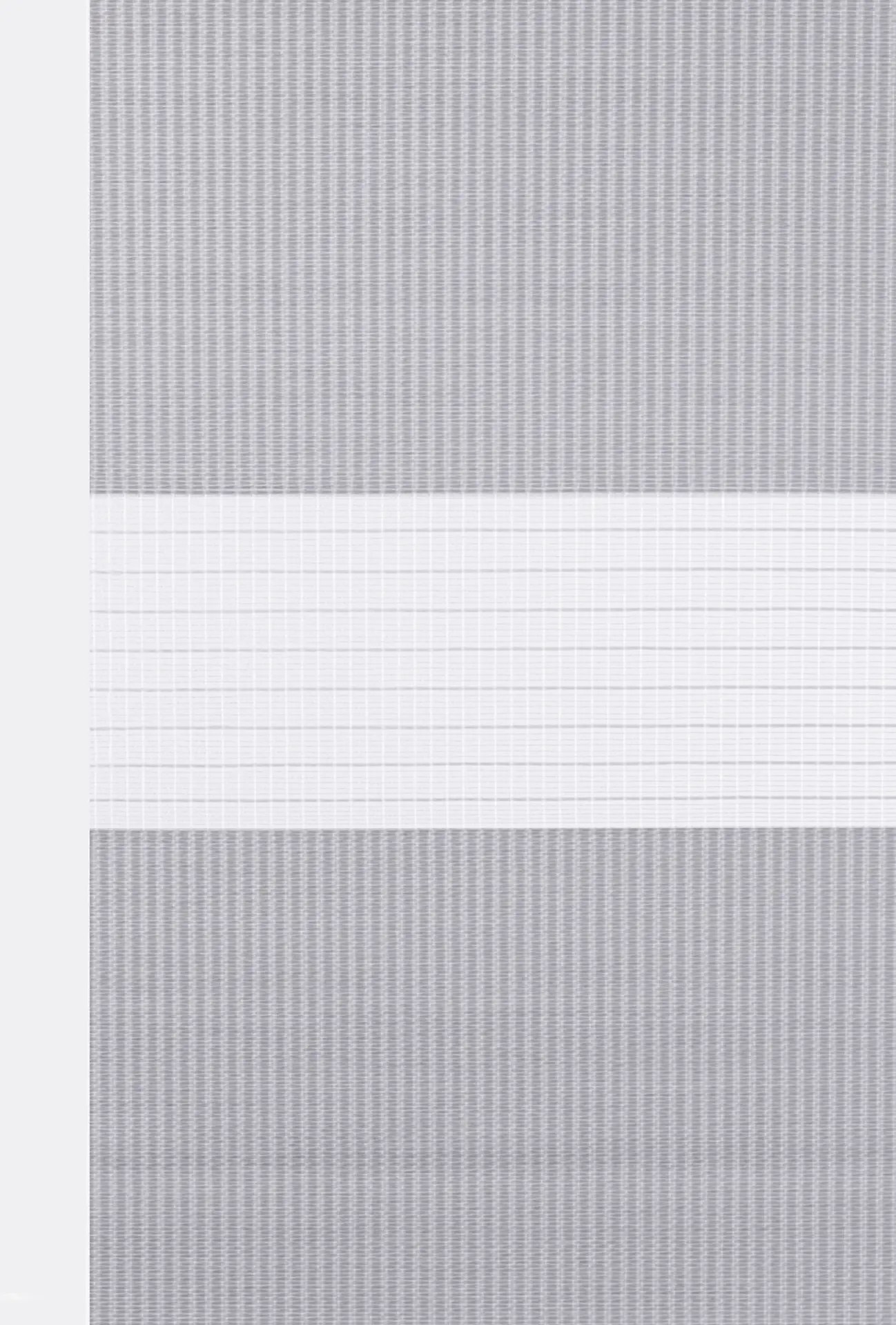 White zebra shade fabric swatch with alternating sheer and solid bands in a soft vertical weave pattern.