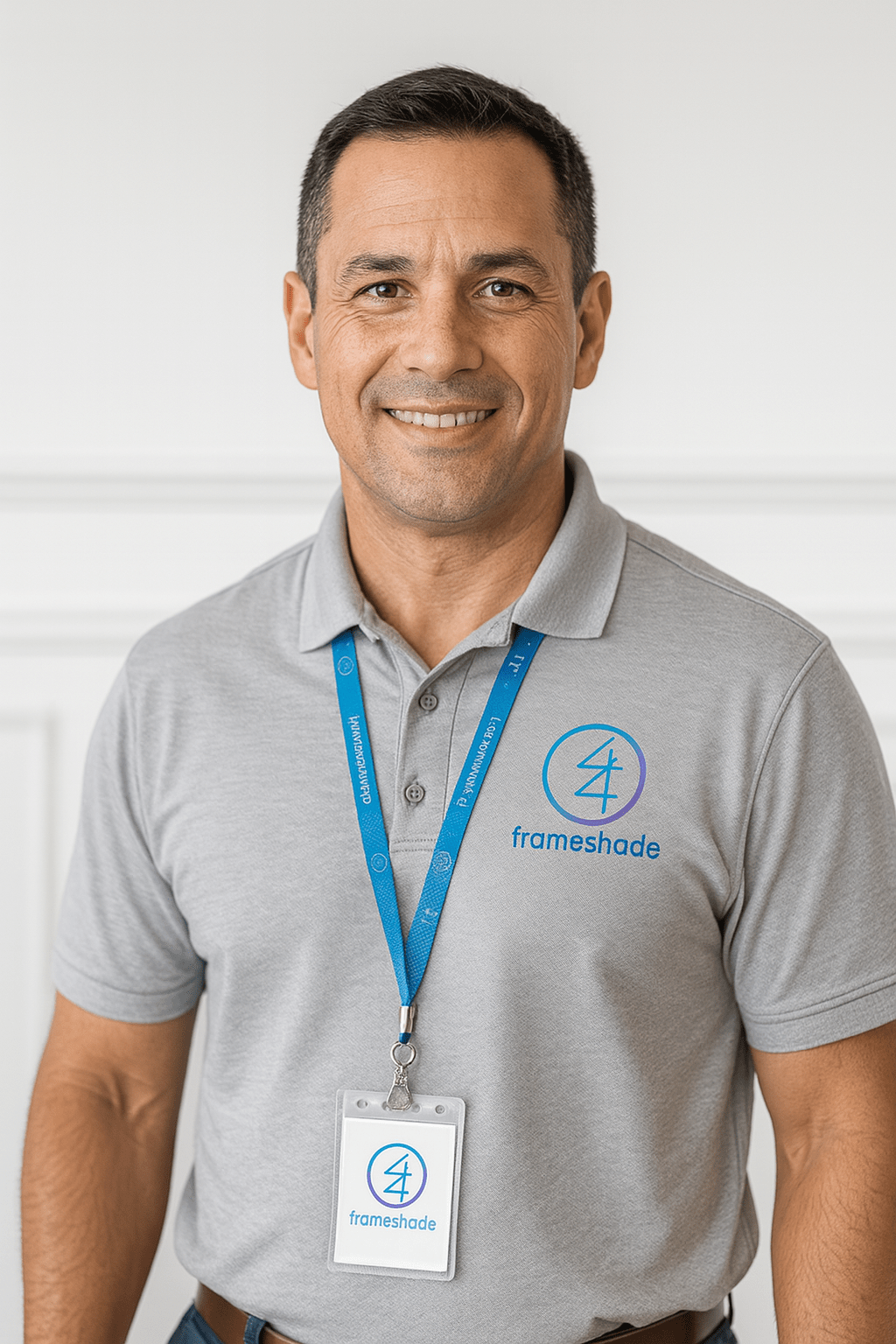 Frameshade customer service representative wearing a white shirt with the company logo and a headset, smiling confidently in a bright modern office.
