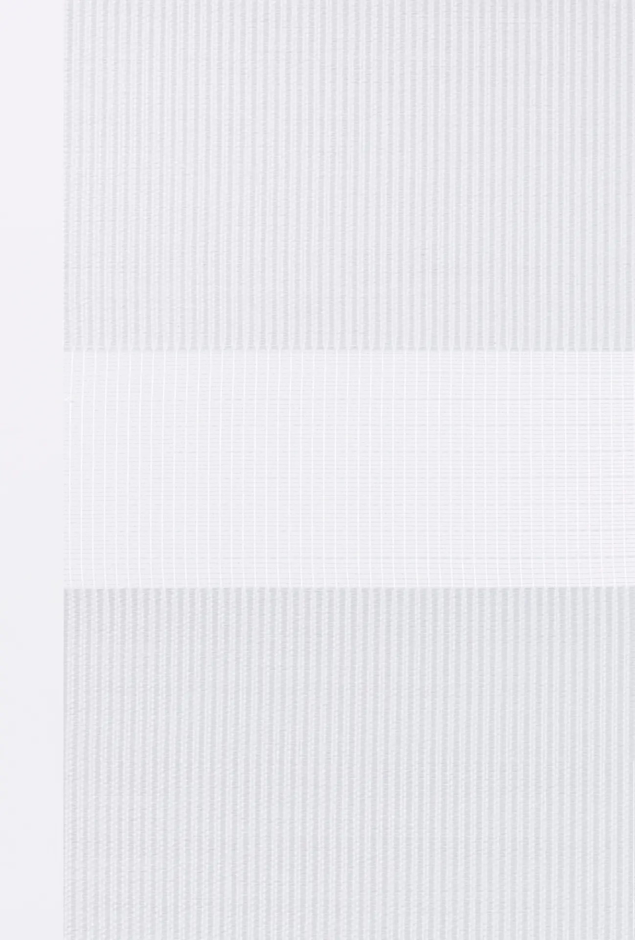 White zebra shade fabric swatch with alternating sheer and solid bands in a soft vertical weave pattern.