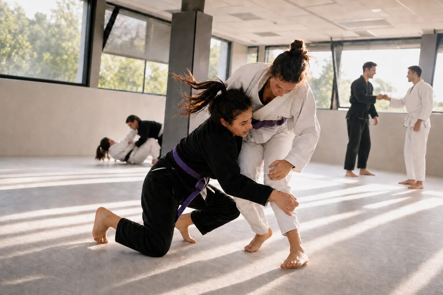 AI-produsert illustrasjonsfoto: to voksne trener en nedtagning i jiu-jitsu.
