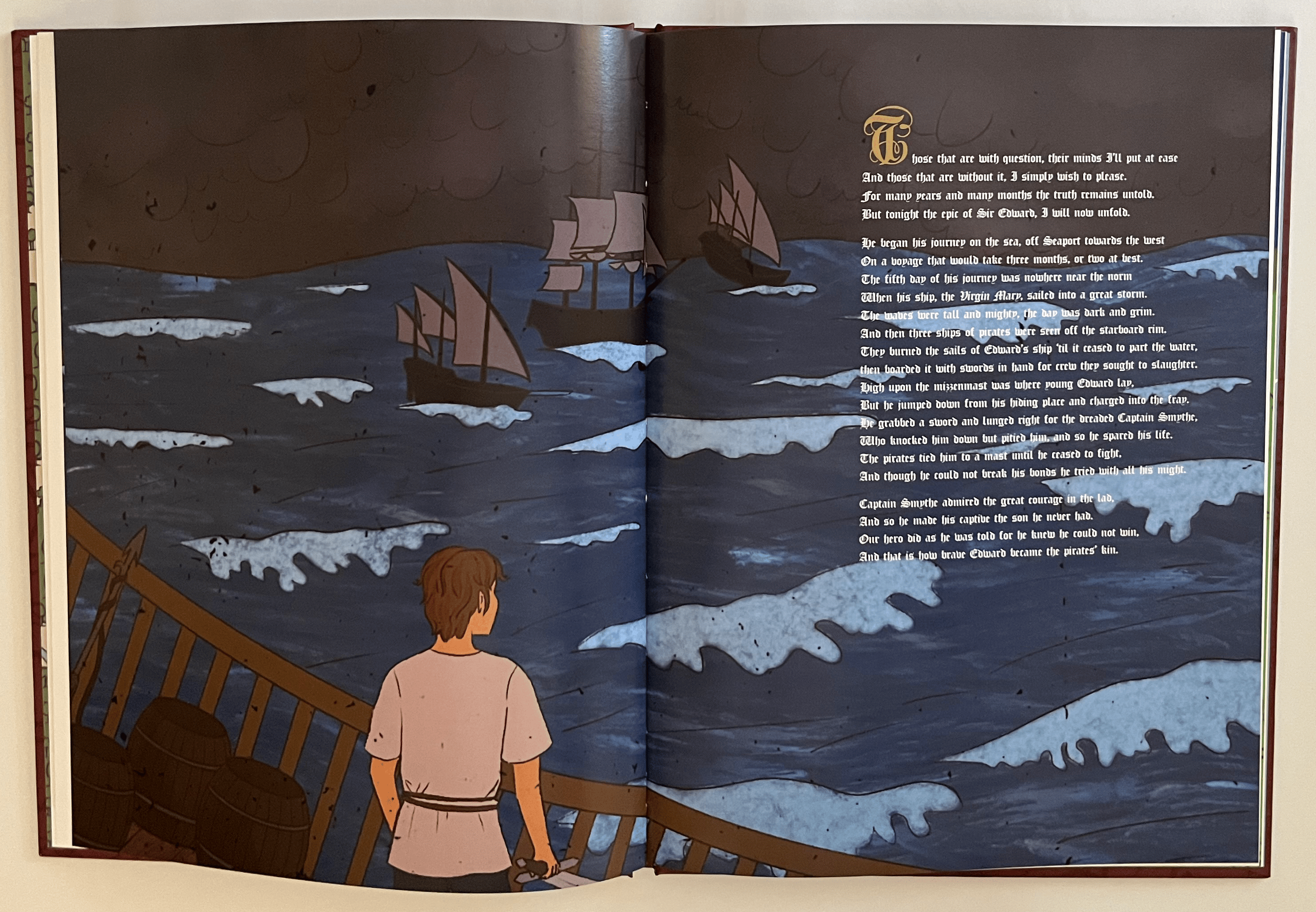 Interior illustrated spread from Sir Edward the Gallant showing a boy looking out at ships on the sea.