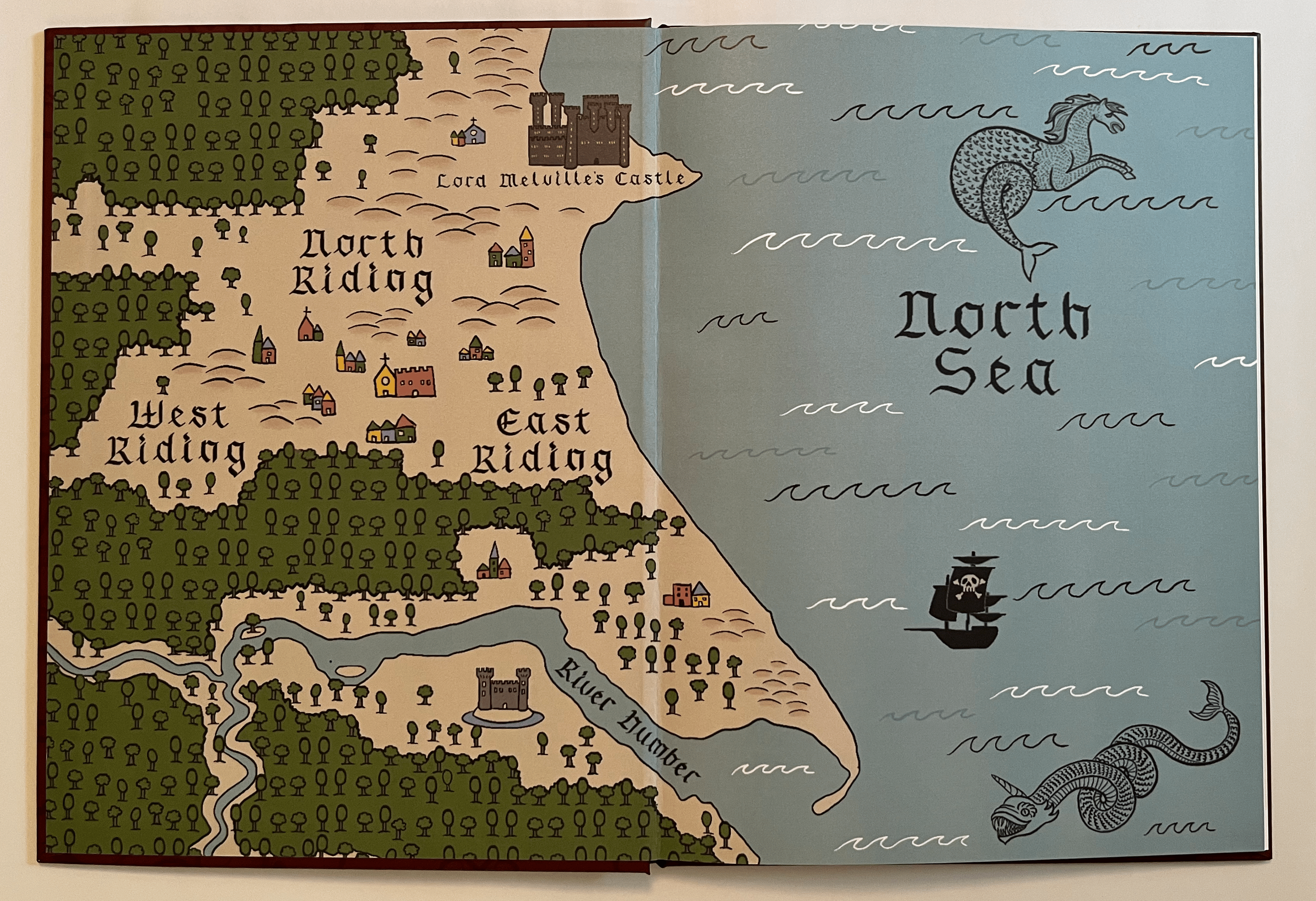 Illustrated fantasy map from the children’s book Sir Edward the Gallant showing kingdoms and coastline.