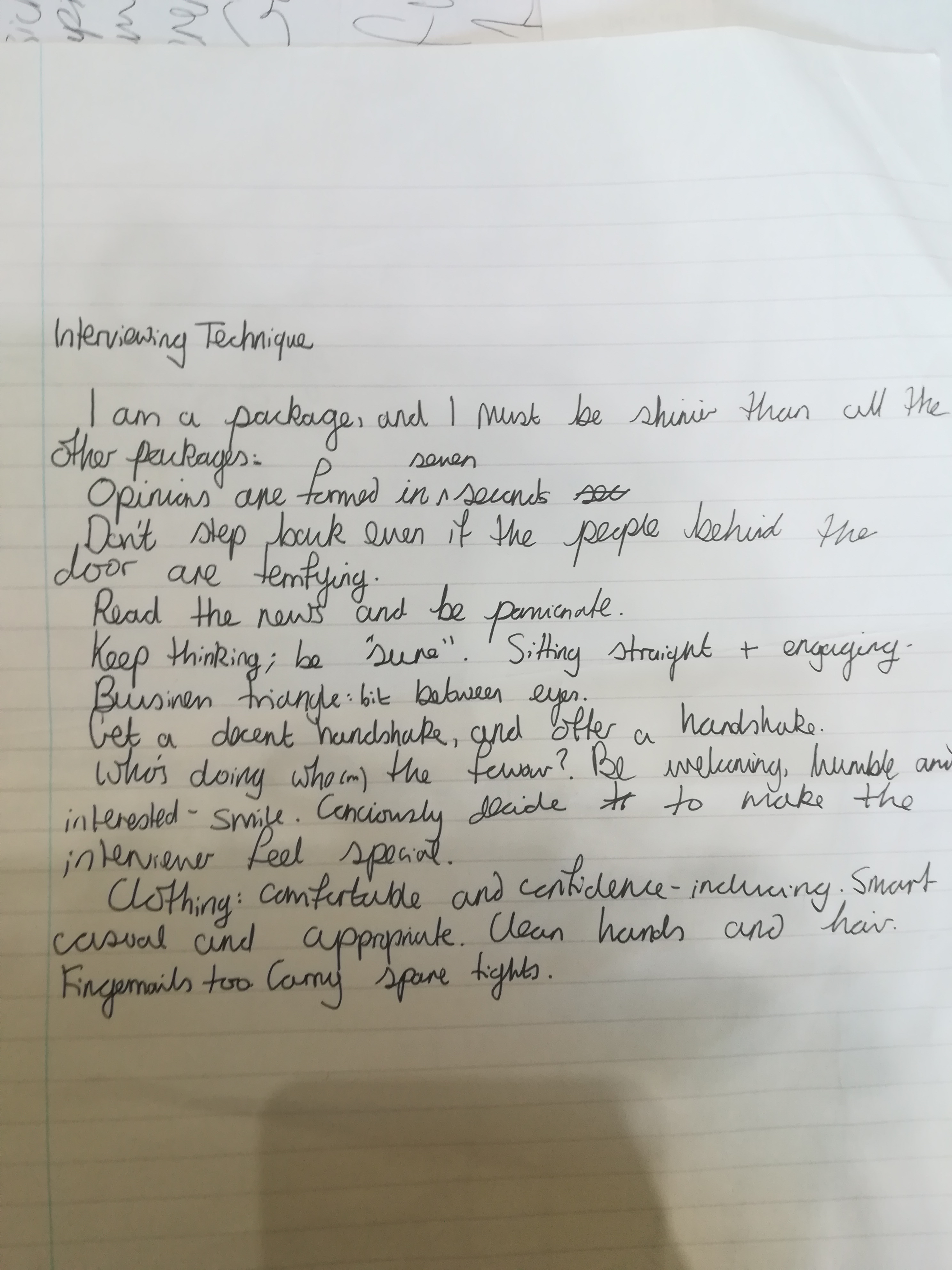 handwritten paper about interview technique, most of which is terrible advice