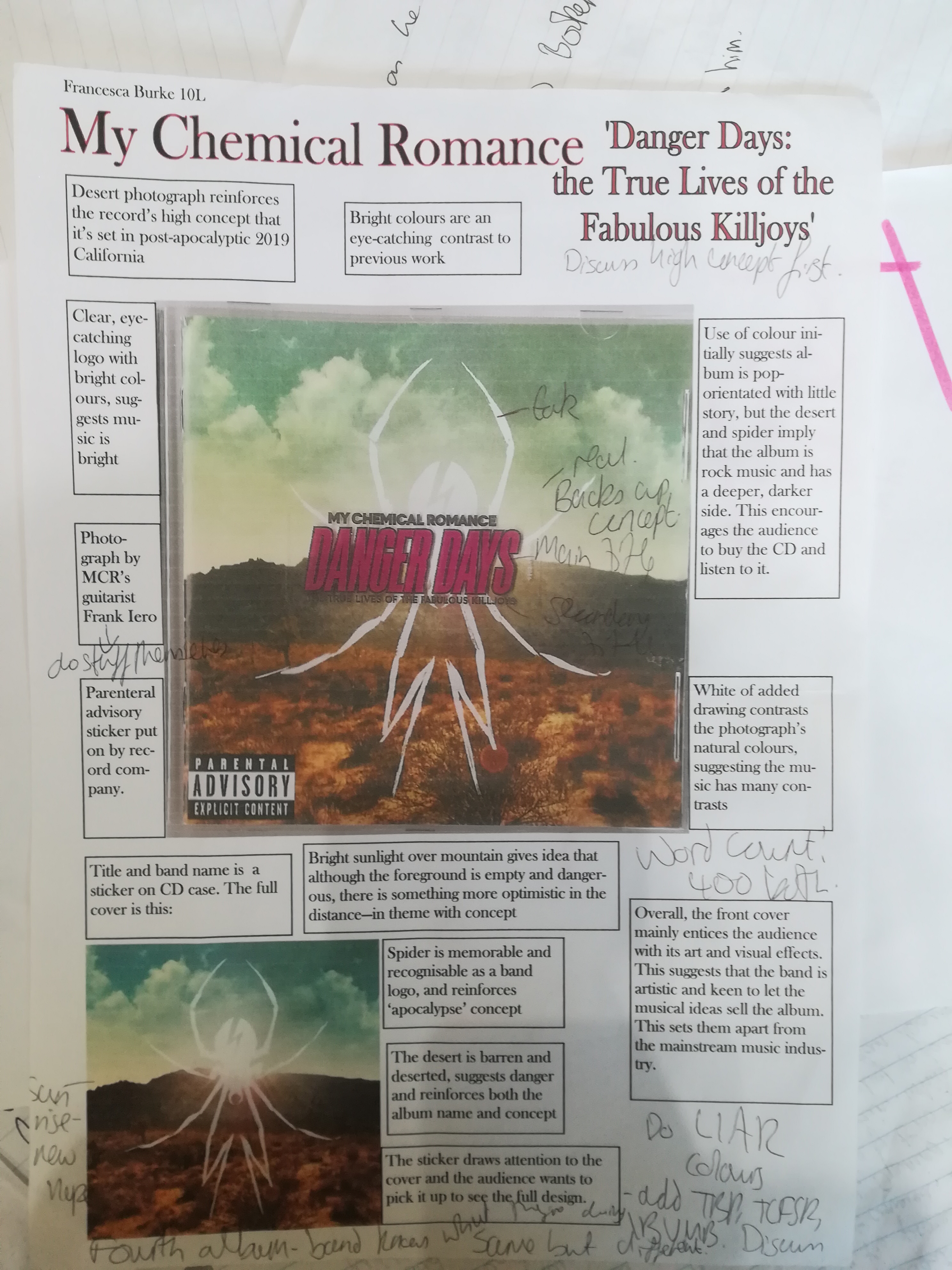 notes in text boxes around a cover of LIAR analysis and text around the cover of My Chemical Romance's album Danger Days: the True Lives of the Fabulous Killjoys'