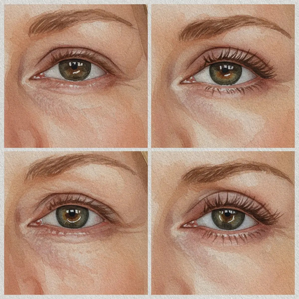 Watercolor illustration of an upper eyelid and eye area for a blepharoplasty recovery article