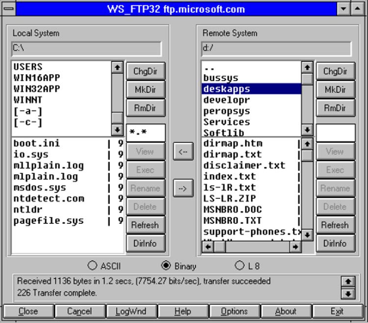 Collegamento FTP via Internet ad un computer di Microsoft negli Stati Uniti.