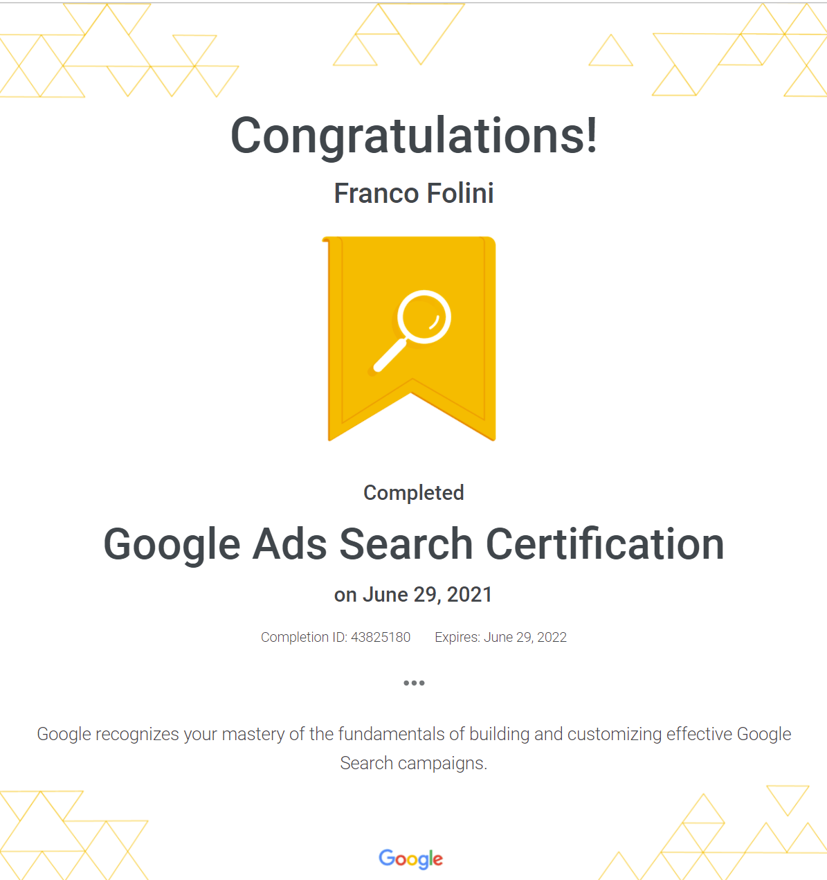 Google Ads Certificate earn by Franco Folini