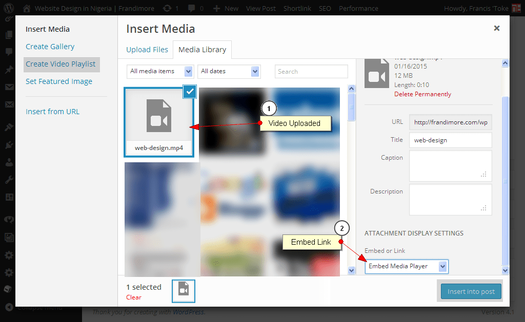 You can skip uploading the html file to a post or page in wordpress and upload it directly to your media library. upload-video.png - Frandimore