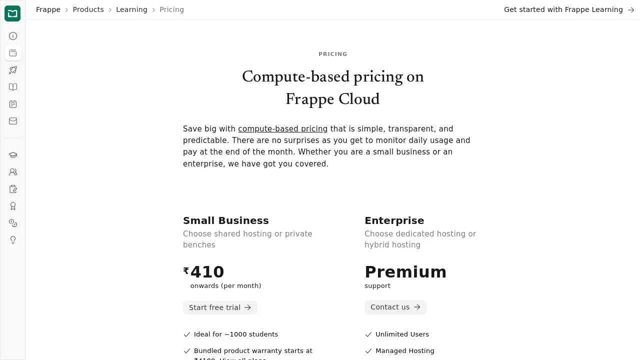 Pricing Frappe Learning