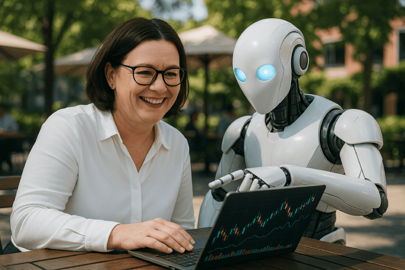 Frau analysiert gemeinsam mit humanoider KI einen Börsenchart am Laptop – Einstieg in die KI-gestützte Aktienanalyse in der Masterclass von Frauen investieren