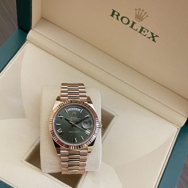 Rolex Day Date 40 Rose Gold Olive Green Dial 2021 Stickers Unworn Uk Watch Full Set 40mm 228235 Freddie Keeble Watches Diamonds
