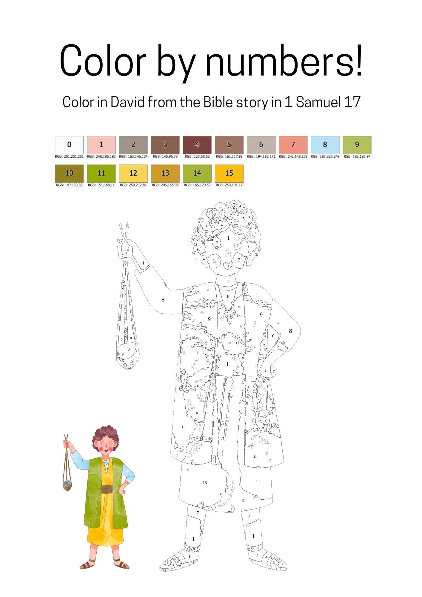 David and goliath color by numbers worksheet