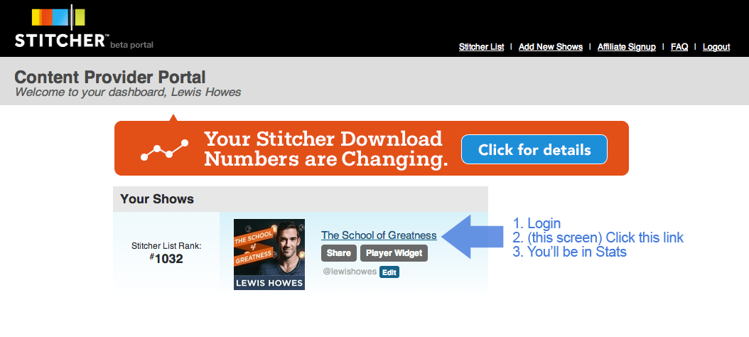 How to Login and Check Stitcher Stats