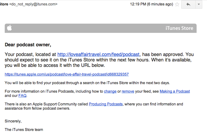 iTunes podcast approval notification