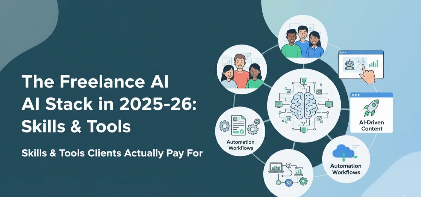 Illustration of a freelance AI worker using automation, AI tools like ChatGPT and n8n, and workflows in 2025.