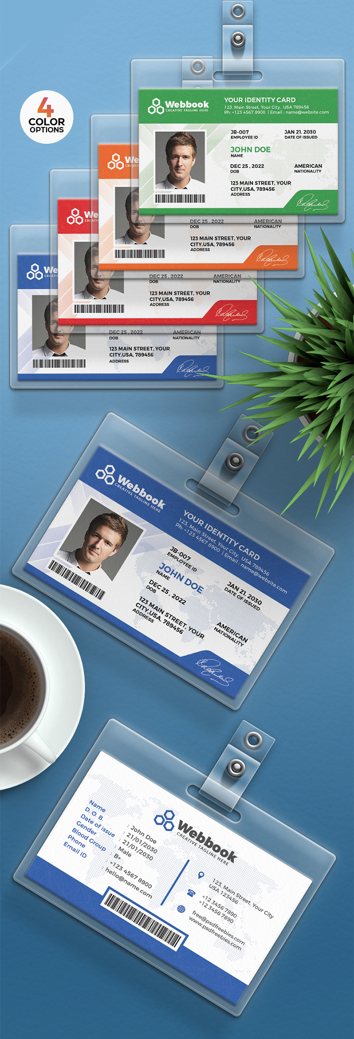Creative Id Card Psd Template Free Download In 4 Colors Design