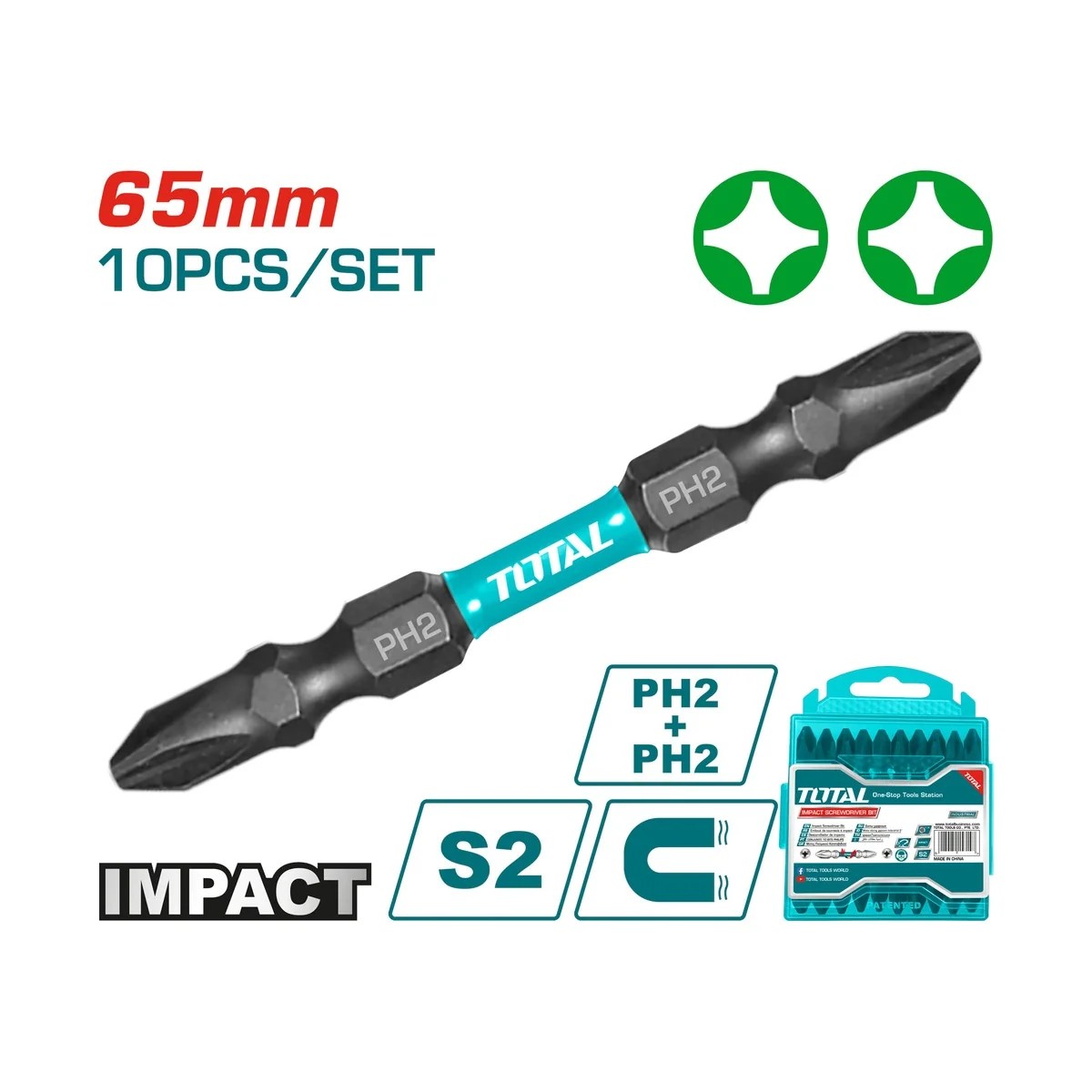 Jogo 10 Bits de Impacto PH2 65mm Aço S2 Magnéticos