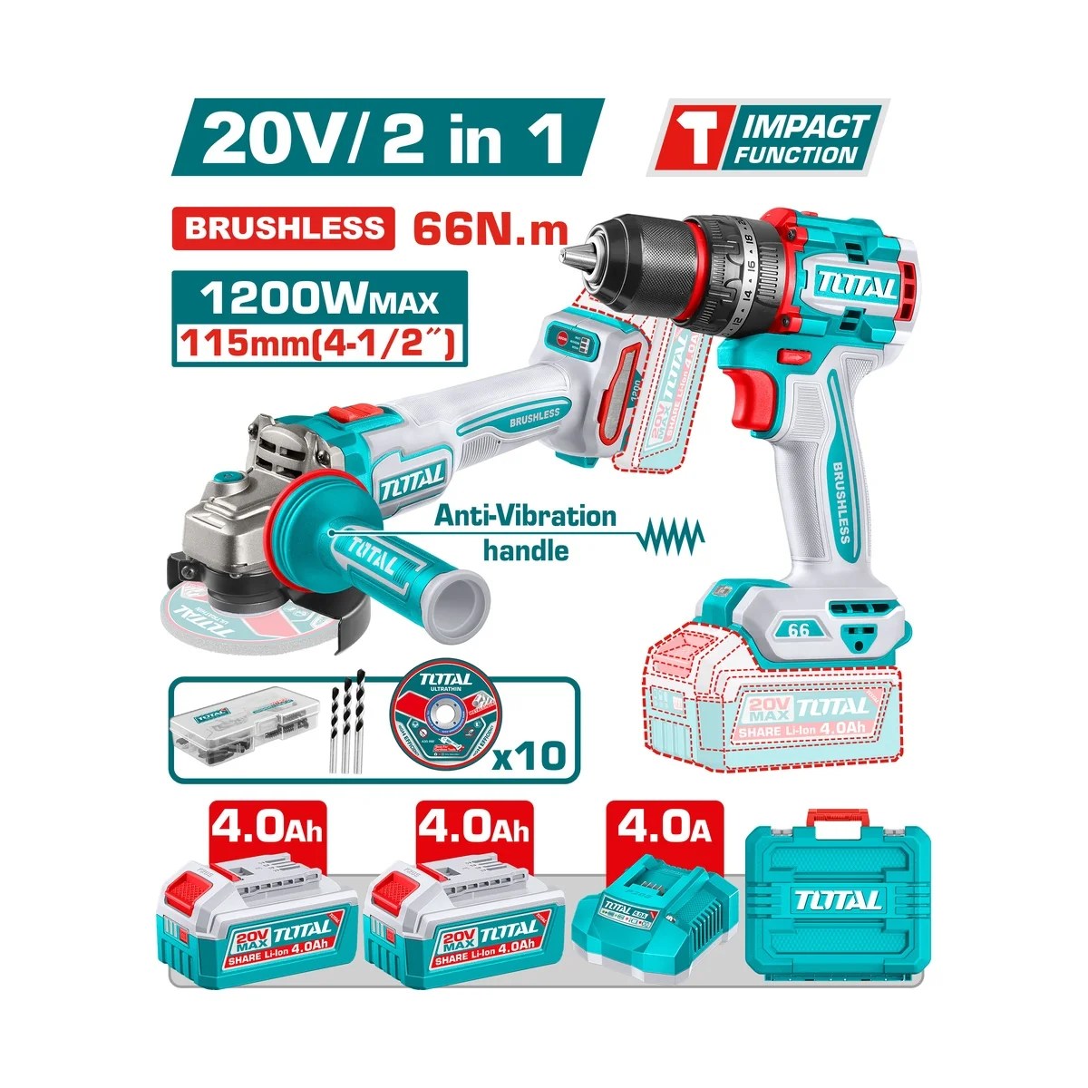 Kit 2 Ferramentas 20V Brushless – Furadeira de Impacto + Esmerilhadeira