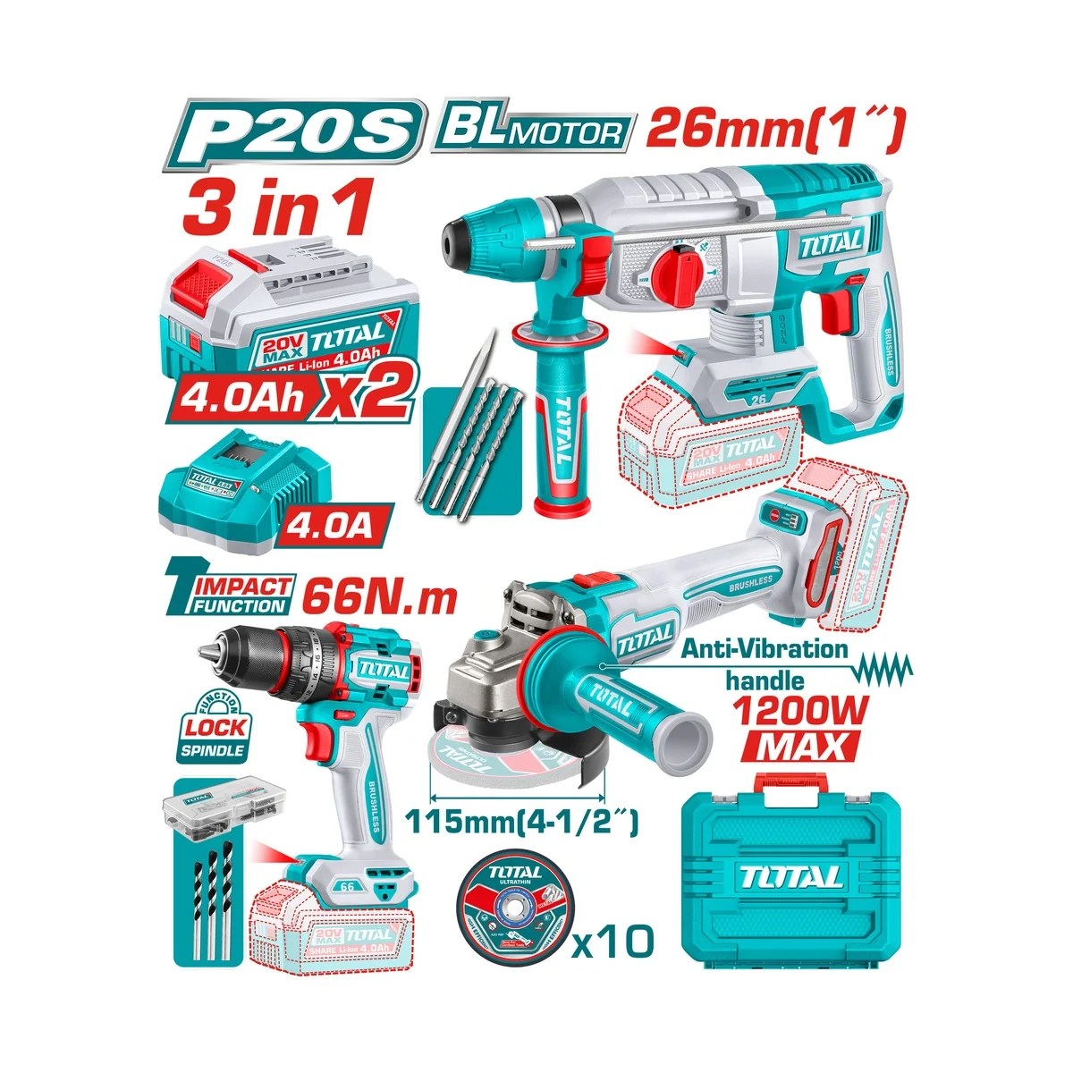 Kit 3 Ferramentas 20v Brushless – Furadeira, Esmerilhadeira E Martelete