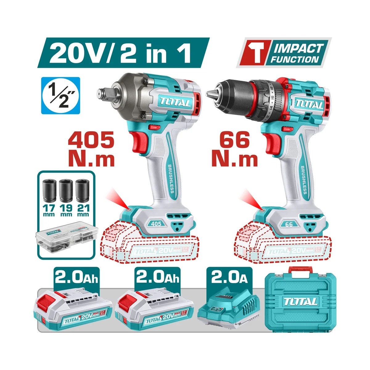 Kit 2 Ferramentas 20V Brushless – Furadeira e Chave de Impacto