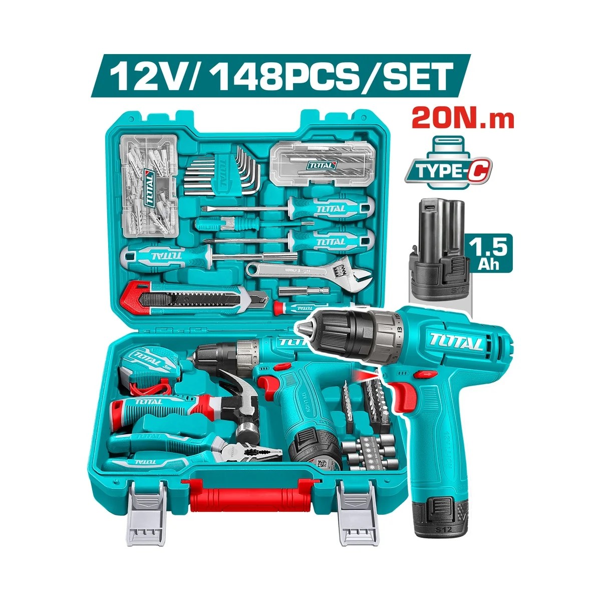 Kit de Ferramentas 148 Peças com Furadeira a Bateria 12V