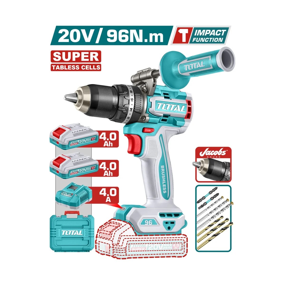 Furadeira Parafusadeira de Impacto Brushless 20V 96Nm