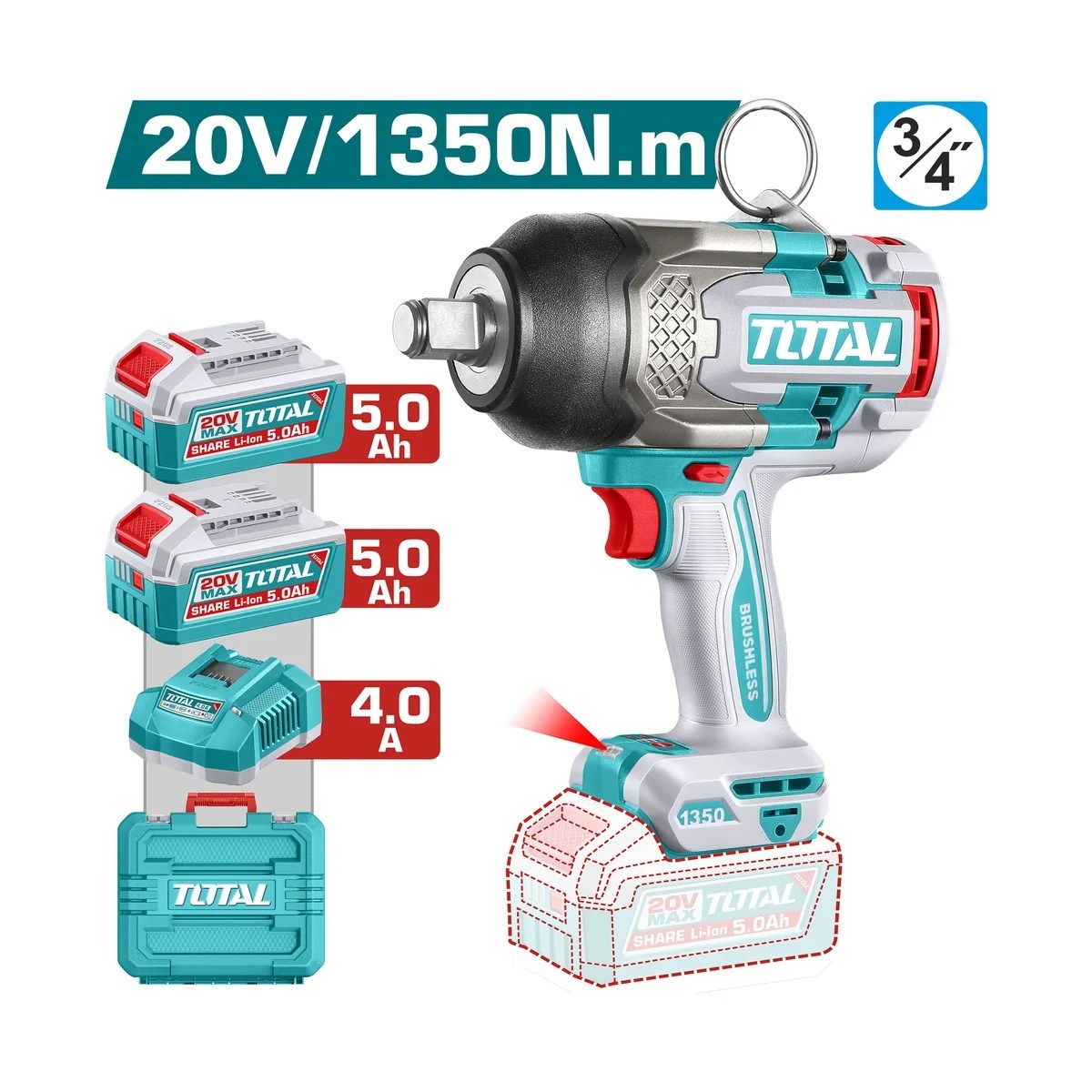 Chave de Impacto a Bateria Brushless 20V 3/4" 1900Nm