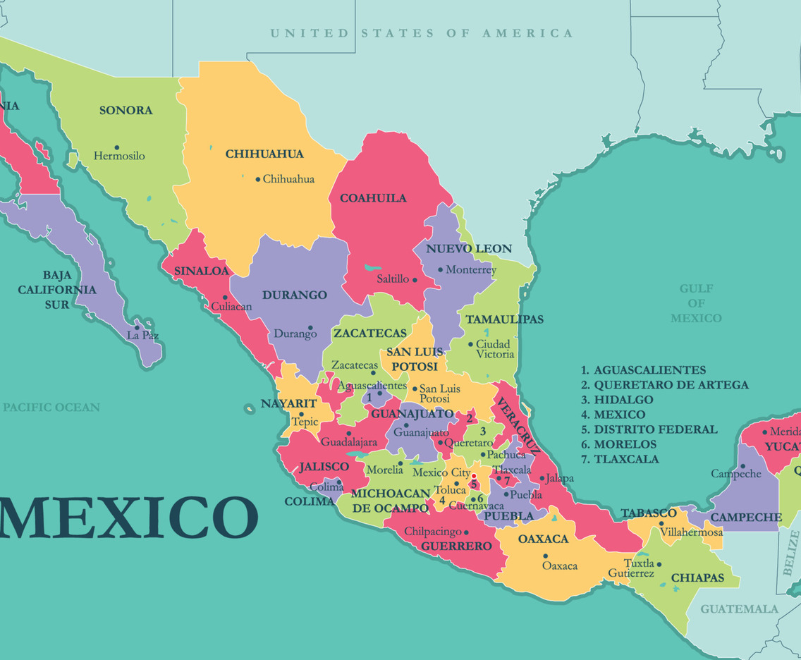 Mexico map with states and capitals