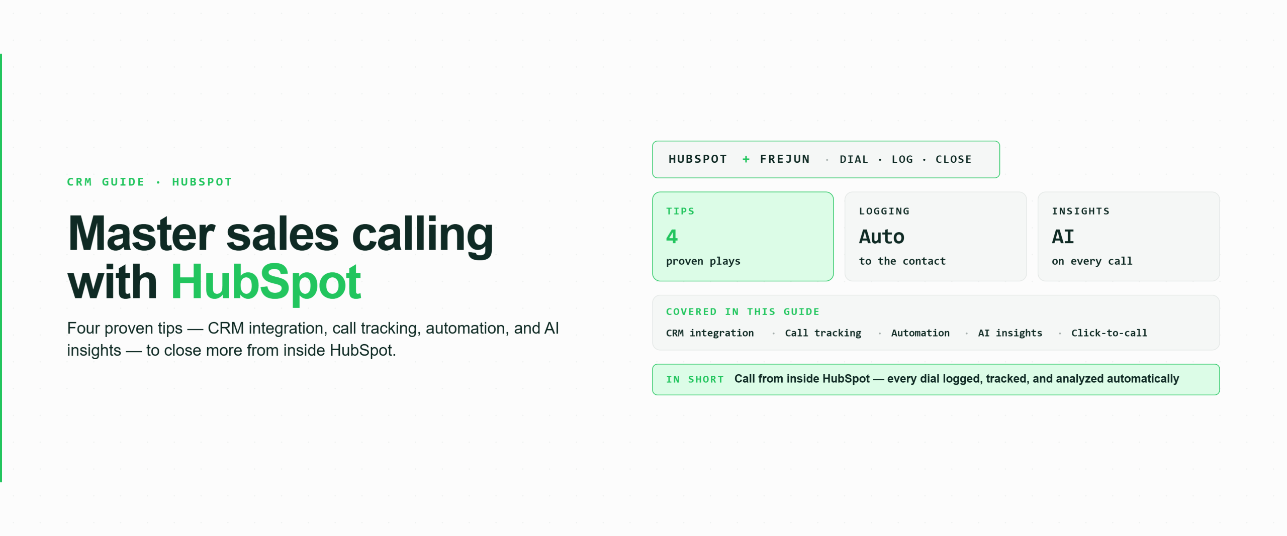 CRM guide infographic on mastering sales calling with HubSpot and FreJun — 4 proven tips covering CRM integration, call tracking, automation, AI insights, and click-to-call, with auto-logging to contact and AI insights on every call.
