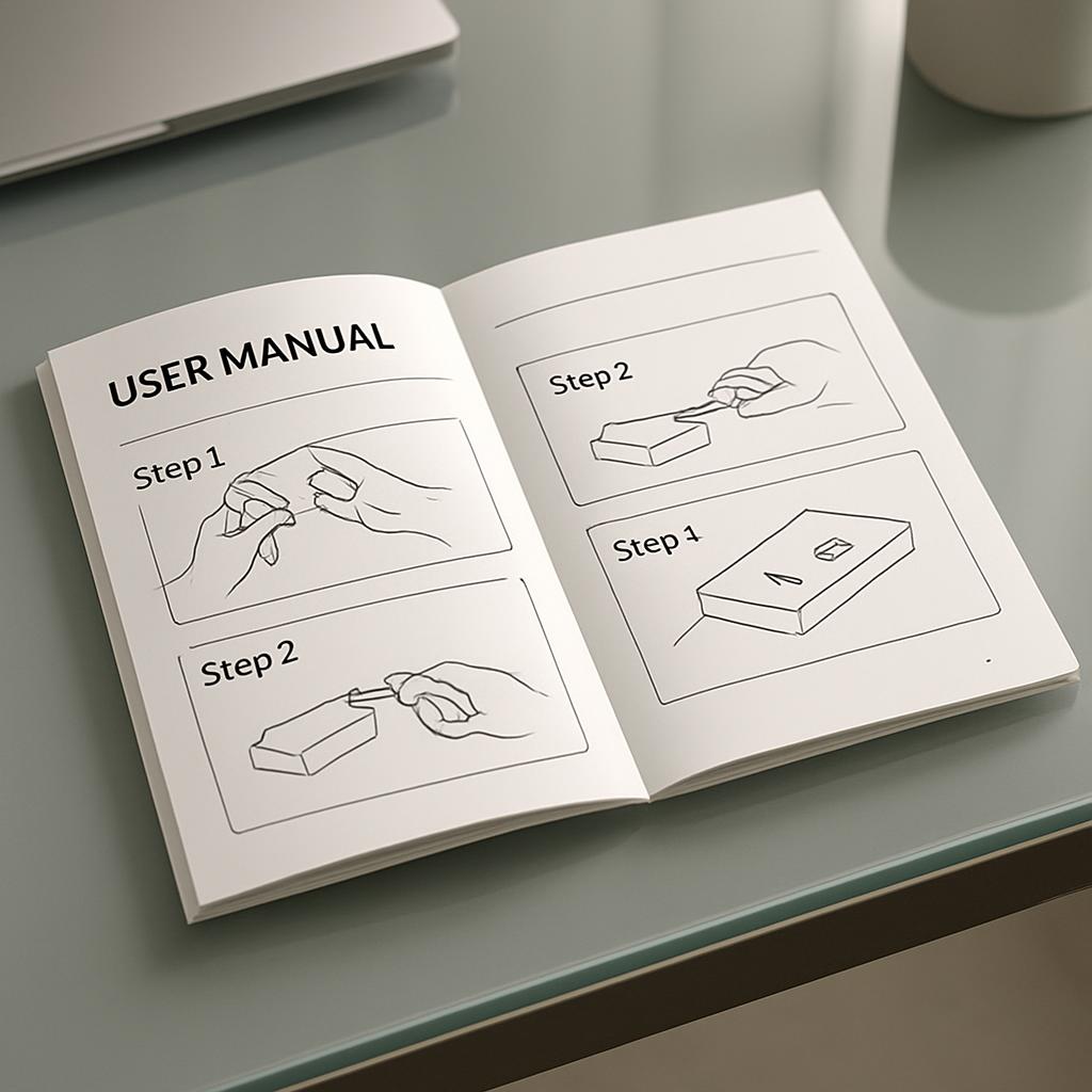 Current image: Image of an open user manual on a table, with a laptop in the background.
