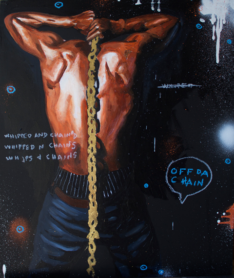 Off Da Chain. Acrylic, gold leaf and oil stick on canvas. 20x16 in. 2012. Fahamu Pecou