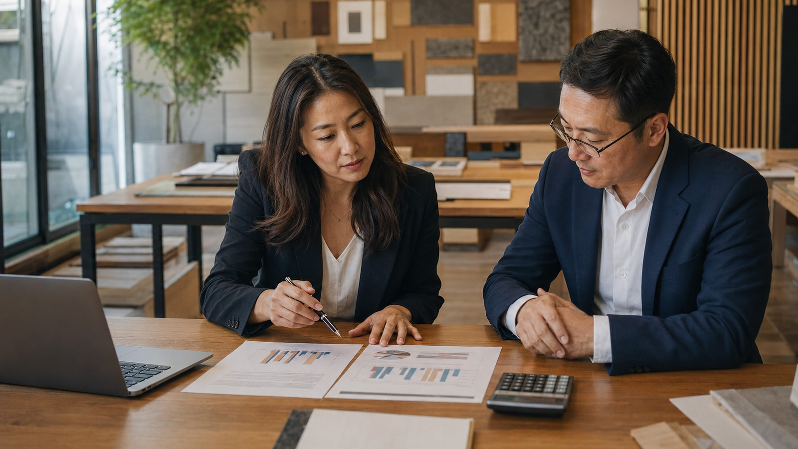 Asian woman business owner reviewing a complete financial-reporting package with an advisor in a contemporary professional-services studio.