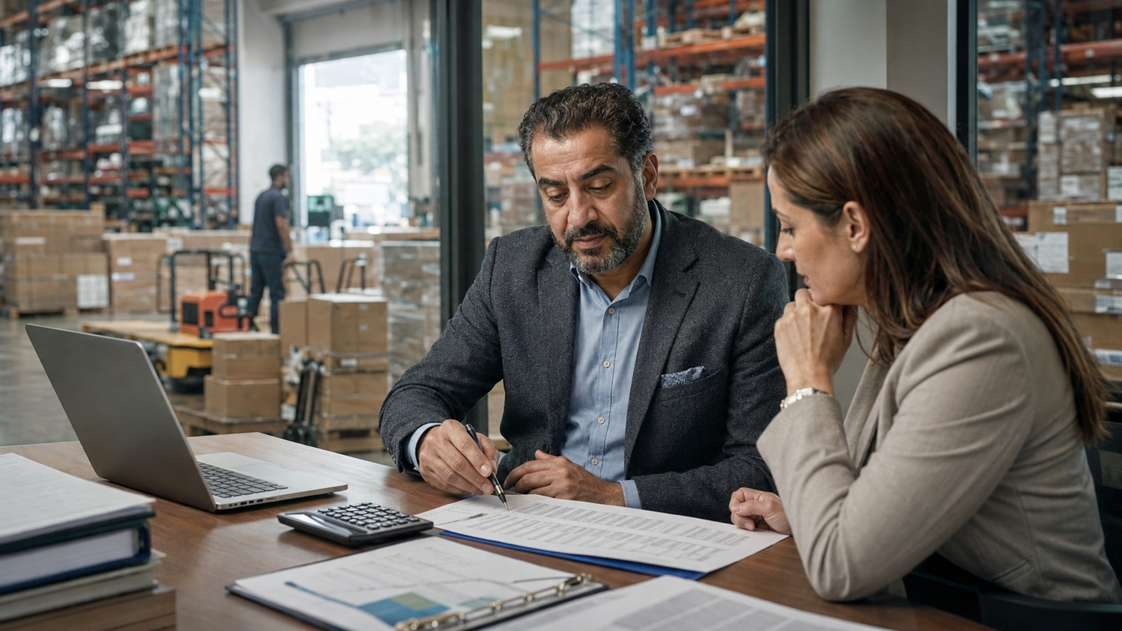 Middle Eastern distribution-business owner reviewing a forward cash forecast with an advisor in an active warehouse office.