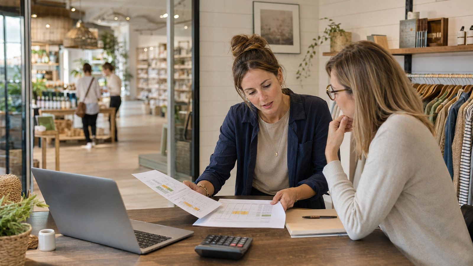 Specialty-retail business owner reviewing budget-to-actual results with an advisor in a polished store back office.