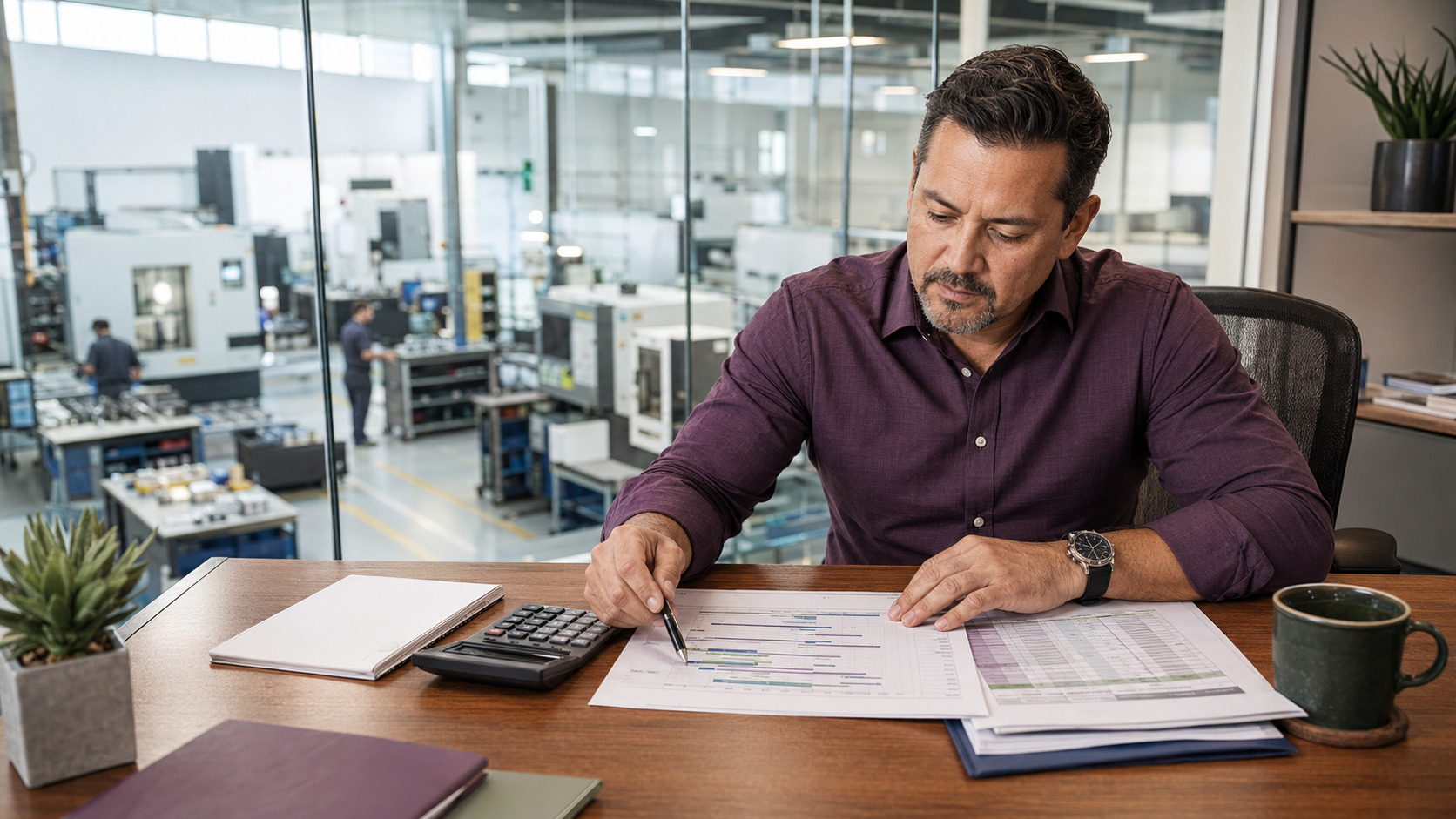 Experienced Latino manufacturing owner reviewing a production schedule and rolling cash forecast from an office overlooking a precision-manufacturing floor.