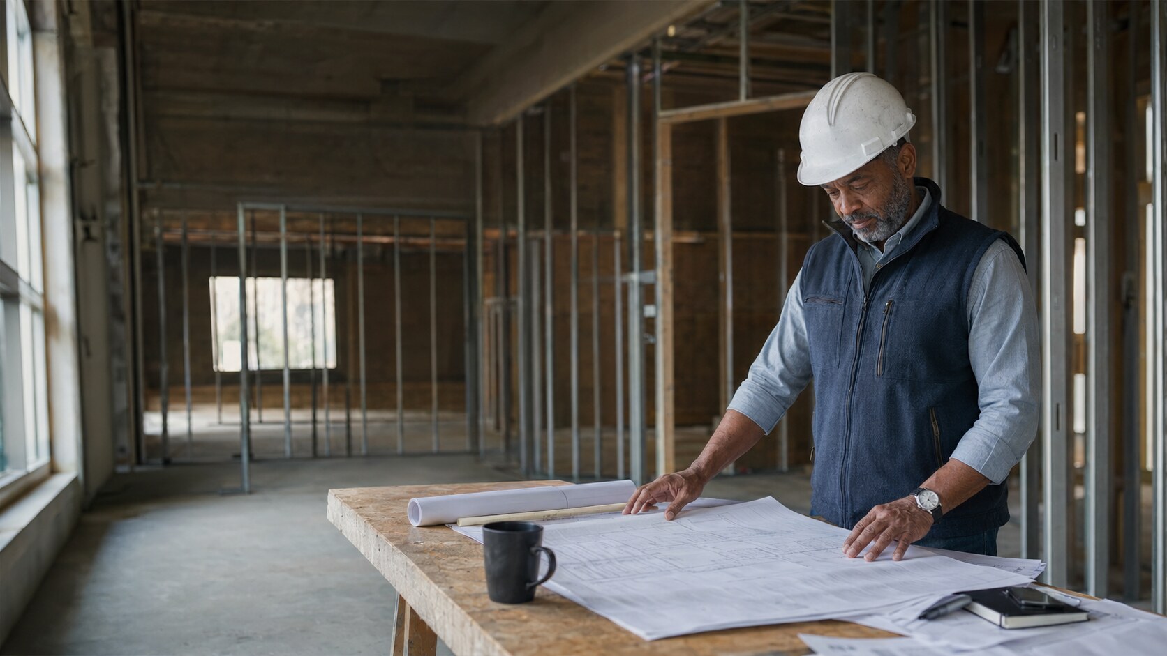 Contractor reviewing project plans at a quiet commercial renovation site before work begins.