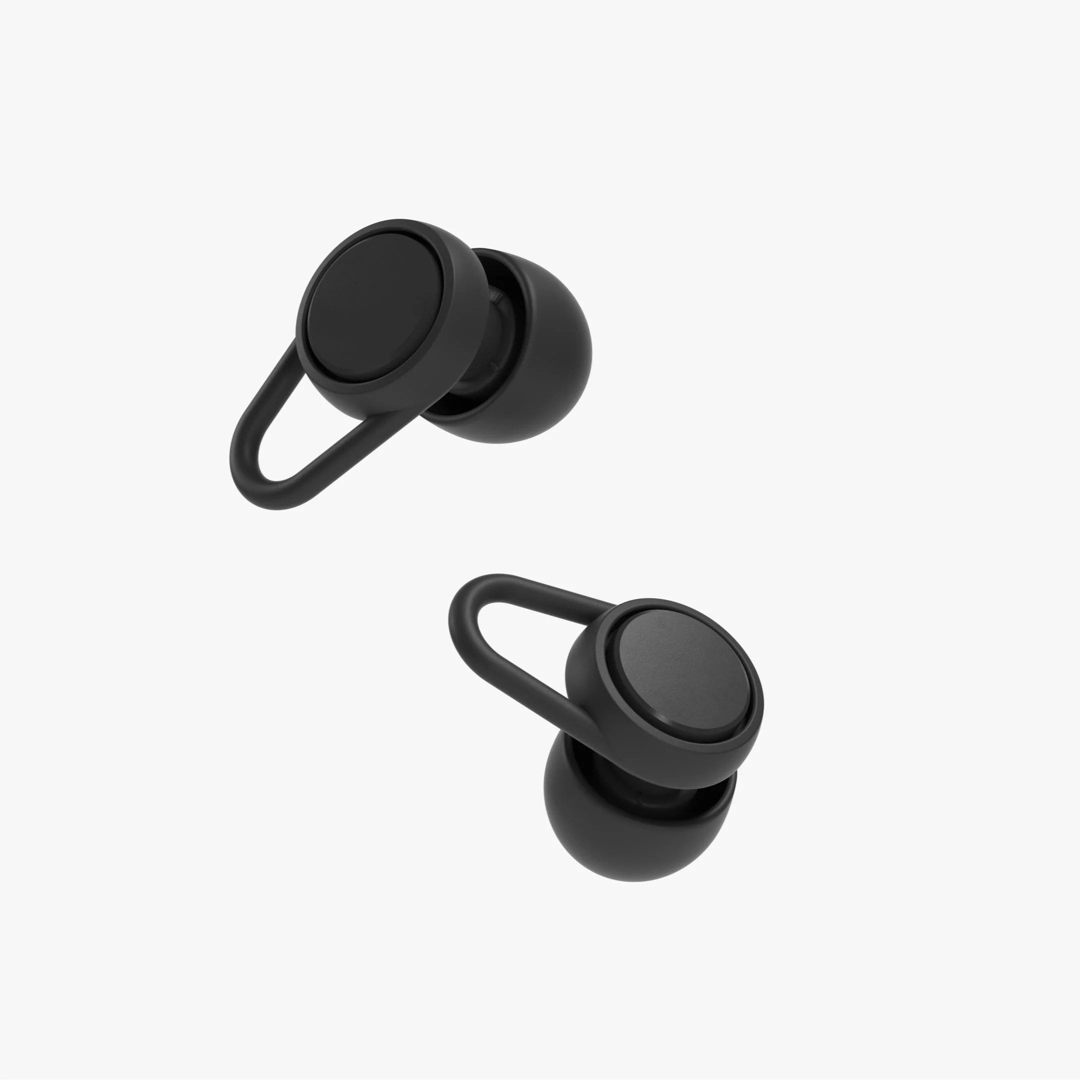 Pair of black Hears high-fidelity earplugs on a light background