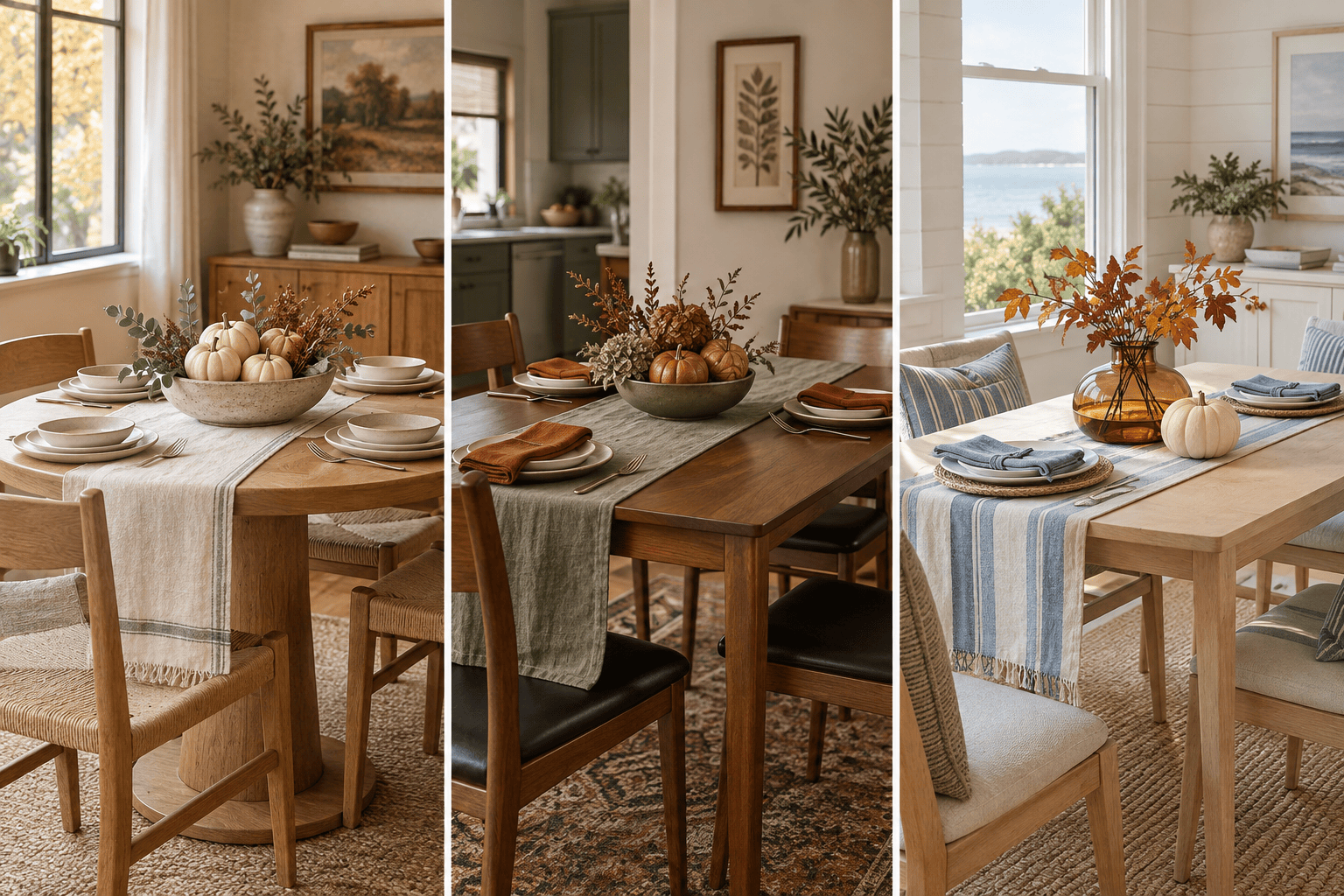 Three fall table palettes: cream and wood, rust and olive, and coastal blue