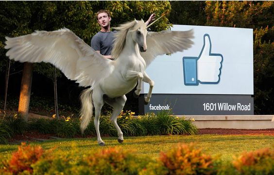 Image of Mark Zuckerberg appearing to ride a winged horse in front of the Facebook headquarters sign
