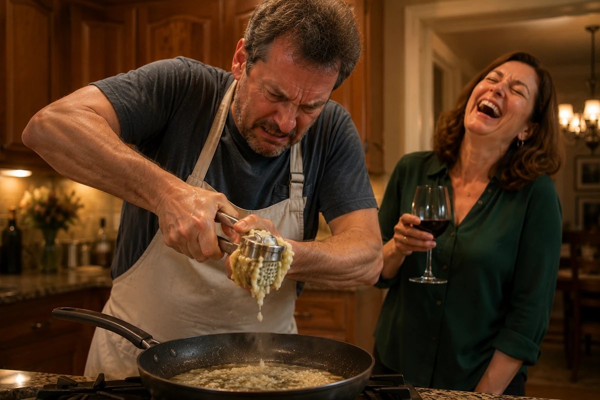 Hand grating garlic over a pan with a microplane, fine shreds falling into the food