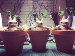 Mandrake Amigurumi Before Their Pots were Painted. Photo Credit: J.H. Winter