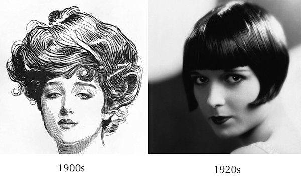 The classic Gibson Girl drawn by Charles Dana Gibson, 1900s | The classic bobbed hairstyle worn by Louise Brooks, 1920s